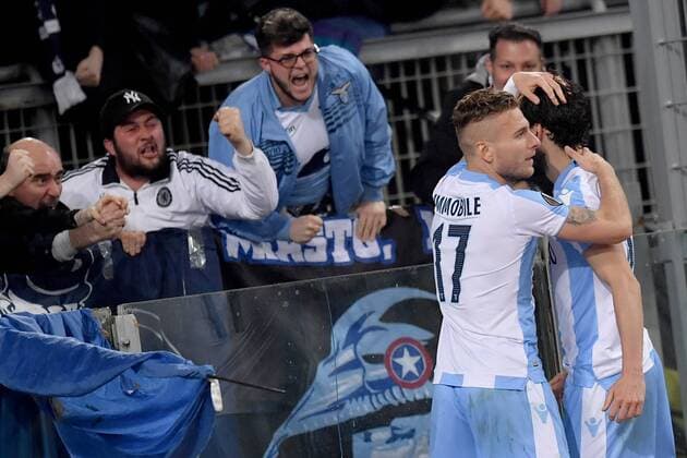 Esultanza dopo il gol di Marco Parolo Lazio, con Immobile. Goal celebration. Roma 05-04-2018 Stadio Olimpico Football Calcio Europa League 2017 2018 Lazio - Salzburg Lazio - Salisburgo Foto Antonietta Baldassarre Insidefoto AntoxBalda