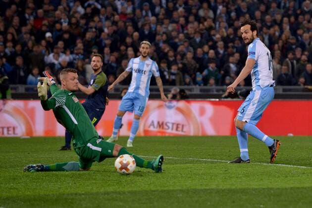 Gol di Marco Parolo Lazio. Goal celebration. Roma 05-04-2018 Stadio Olimpico Football Calcio Europa League 2017 2018 Lazio - Salzburg Lazio - Salisburgo Foto Antonietta Baldassarre Insidefoto AntoxBalda