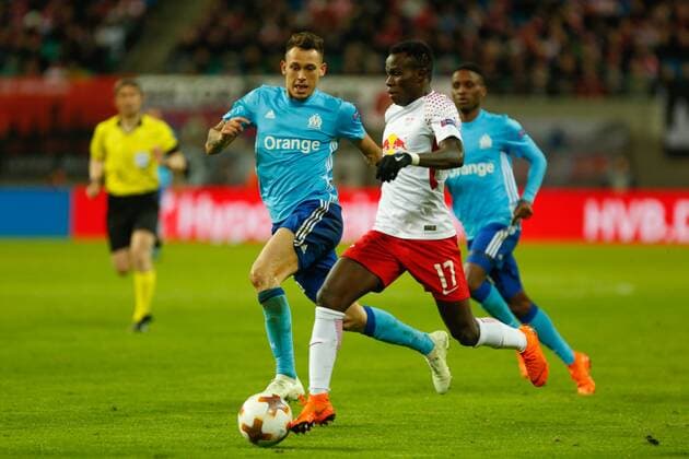 05 04 2018 xtgx Football UEFA Europa League RB Leipzig Olympique Marseille emporer l Lucas Ocampos Olympique Marseille 5 Bruma Leipzig 17 Leipzig