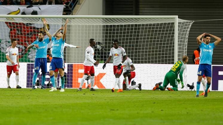 05 04 2018 xtgx Football UEFA Europa League RB Leipzig Olympique Marseille emspor v l Konstantinos Mitroglu Olympique Marseille 11 Lucas Ocampos Olympique Marseille 5 Morgan Sanson Olympique Marseille 8 disappointed looks disappointed dejectedly disappointed Leipzig
