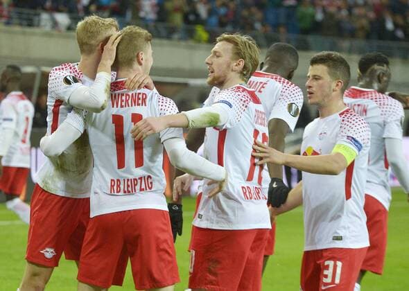Soccer Europa League 2017 18 Quarterfinals RB Leipzig Olympique Marseille 05 04 2018 Timo Werner RBL 2 v l celebrates his goal for 1 0 with Konrad Laimer left Diego Demme re and Emil Forsberg 2 v r Leipzig Saxony Germany