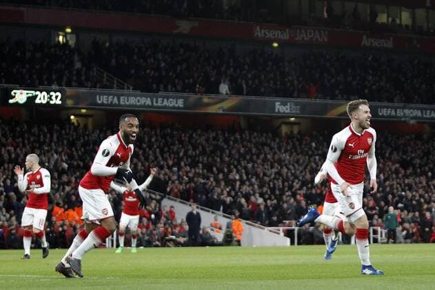 GOAL - Aaron Ramsey of Arsenal scores his second of the night during the UEFA Europa League Quarter-Final match between Arsenal and CSKA Moscow at the Emirates Stadium, London, England on 5 April 2018. Copyright: xCarltonxMyriex 19500014