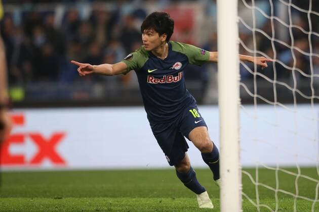 SOCCER - EL, Lazio vs RBS ROME,ITALY,05.APR.18 - SOCCER - UEFA Europa League, quarterfinal, SS Lazio vs Red Bull Salzburg. Image shows the rejoicing of Takumi Minamino (RBS). GEPAxpictures xMathiasxMandl