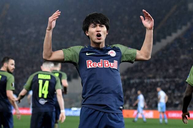 Esultanza Gol Takumi Minamino Salzburg Goal celebration 2-2 Roma 05-04-2018 Stadio Olimpico Football Calcio Europa League 2017 2018 Lazio - Salzburg Lazio - Salisburgo Foto Andrea Staccioli Insidefoto andreaxstaccioli