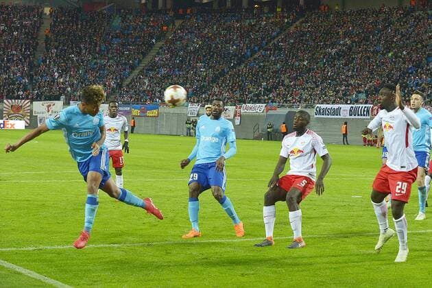 Football Europa League 2017 18 Quarter-finals RB Leipzig Olympique Marseille 05 04 2018 Header by Boubacar Kamara OM li Bruma Andre Zambo Anguissa Dayot Upamecano and Jean Kevin Augustin are looking to Leipzig Saxony Germany