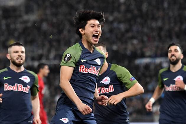 Esultanza Gol Takumi Minamino Salzburg Goal celebration 2-2 Roma 05-04-2018 Stadio Olimpico Football Calcio Europa League 2017 2018 Lazio - Salzburg Lazio - Salisburgo Foto Andrea Staccioli Insidefoto andreaxstaccioli