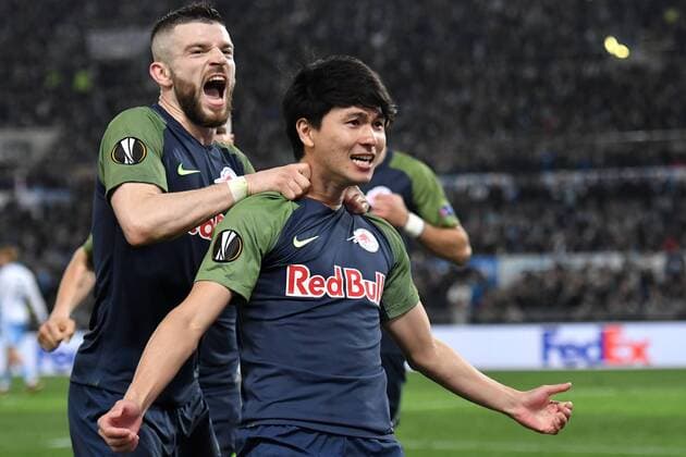 Esultanza Gol Takumi Minamino Salzburg Goal celebration 2-2 Roma 05-04-2018 Stadio Olimpico Football Calcio Europa League 2017 2018 Lazio - Salzburg Lazio - Salisburgo Foto Andrea Staccioli Insidefoto andreaxstaccioli