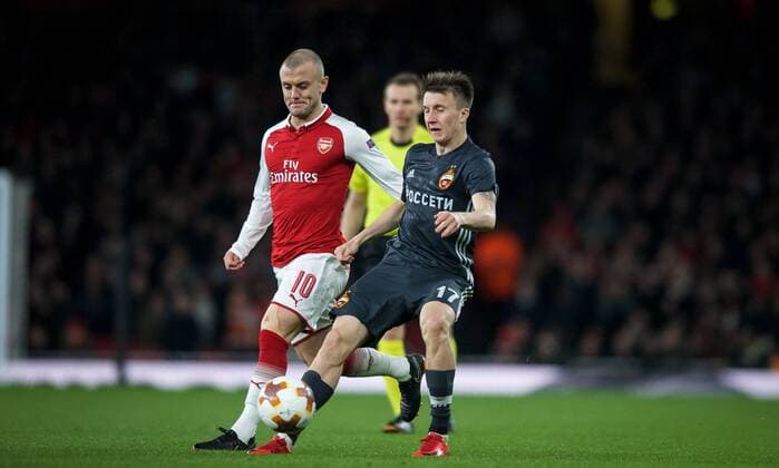 Jack Wilshere of Arsenal & Aleksandr Golovin of CSKA Moscow during the UEFA Europa League QF 1st leg match between Arsenal and CSKA Moscow at the Emirates Stadium, London, England on 5 April 2018. Copyright: xAndrewxAleksiejczukx PMI-1949-0052