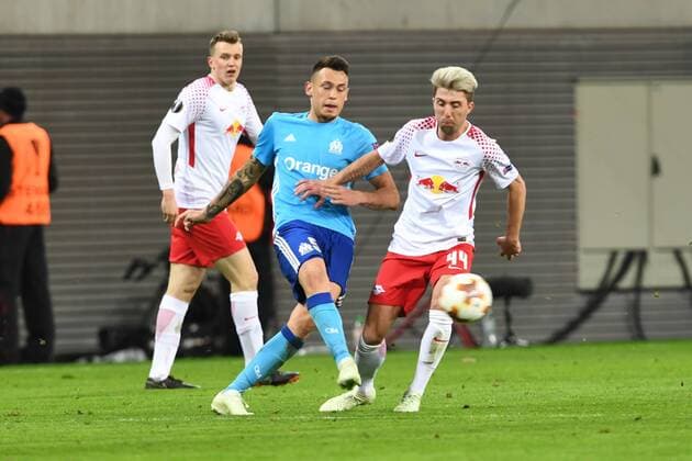 Football Mens Season 2017 2018 Europa League Quarter Finals First leg RB Leipzig Olympique Marseille Lucas Ocampos No 5 Olympique Marseille Kevin Kampl No 44 RB Leipzig 05 04 2018 Copyright: xMatthiasxKochx