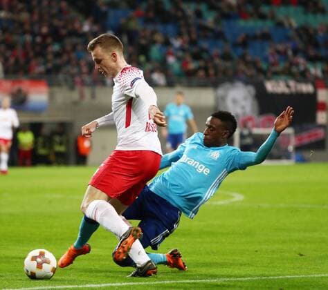 RB Leipzig Marseille Soccer Euro League Leipzig 05 04 2018 Red Bull Arena Soccer UEFA Euro League quarter-finals RB Leipzig vs. Olympique de Marseille Pictured l Lukas Klostermann 16 RB Leipzig and Bouna Sarr 17 Marseille