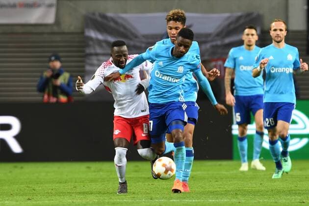 Soccer Men Season 2017 2018 Europa League Quarter Finals First leg RB Leipzig Olympique Marseille Naby Keita No 8 RB Leipzig Bouna Sarr No 17 Olympique Marseille 05 04 2018 Copyright: xMatthiasxKochx