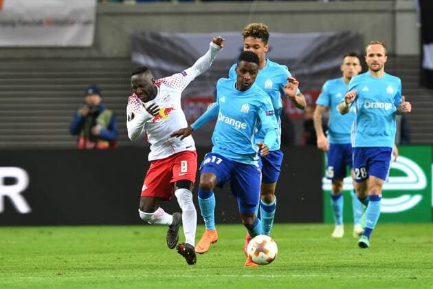 Soccer Men Season 2017 2018 Europa League Quarter Finals First leg RB Leipzig Olympique Marseille Naby Keita No 8 RB Leipzig Bouna Sarr No 17 Olympique Marseille 05 04 2018 Copyright: xMatthiasxKochx