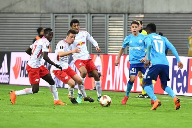 Soccer Mens Season 2017 2018 Europa League Quarter Finals First leg RB Leipzig Olympique Marseille Bruma No 17 RB Leipzig Diego Demme No 31 RB Leipzig Bernardo No 3 RB Leipzig Maxime Lopez No 27 Olympique Marseille Bouna Sarr No 17 Olympique Marseille 05 04 2018 Copyright: xMatthiasxKochx