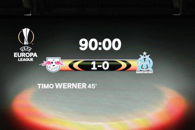 Football mens season 2017 2018 Europa League quarter-finals first leg RB Leipzig Olympique Marseille scoreboard with the 1 0 final score and the scorer Timo Werner Nr 11 RB Leipzig 05 04 2018 Copyright: xMatthiasxKochx