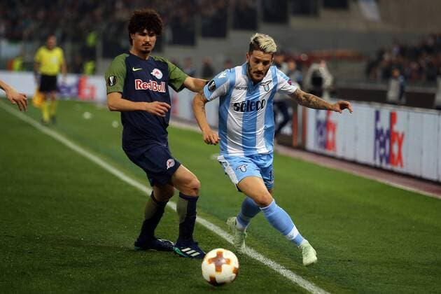 5th April 2018, Stadio Olimpico, Rome, Italy; UEFA Europa League football, quarter final, 1st leg, Lazio versus FC Salzburg; (L-R) Andre Ramalho of Salzburg beaten along the wing by Luis Alberto of Lazio  ActionPlus12009006