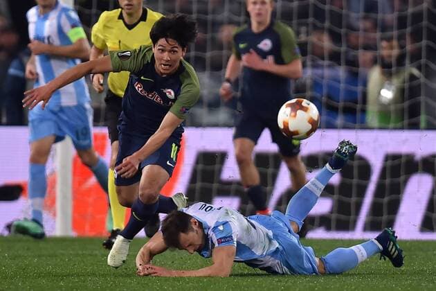 Takumi Minamino Salzburg, Stefan Radu Lazio Roma 05-04-2018 Stadio Olimpico Football Calcio Europa League 2017 2018 Lazio - Salzburg Lazio - Salisburgo Foto Andrea Staccioli Insidefoto andreaxstaccioli