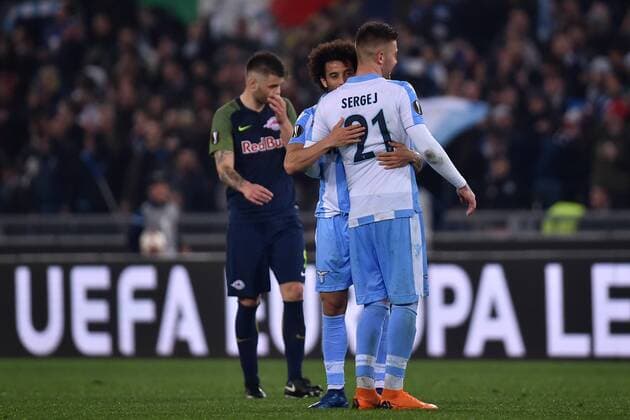 Felipe Anderson, Sergej Milinkovic Savic Lazio esultanza celebration Roma 05-04-2018 Stadio Olimpico Football Calcio Europa League 2017 2018 Lazio - Salzburg Lazio - Salisburgo Foto Andrea Staccioli Insidefoto andreaxstaccioli