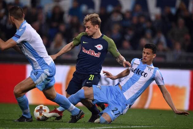 Luis Felipe Ramos, Stefan De Vrij Lazio, Fredrik Gulbrandsen Salzburg Roma 05-04-2018 Stadio Olimpico Football Calcio Europa League 2017 2018 Lazio - Salzburg Lazio - Salisburgo Foto Andrea Staccioli Insidefoto andreaxstaccioli