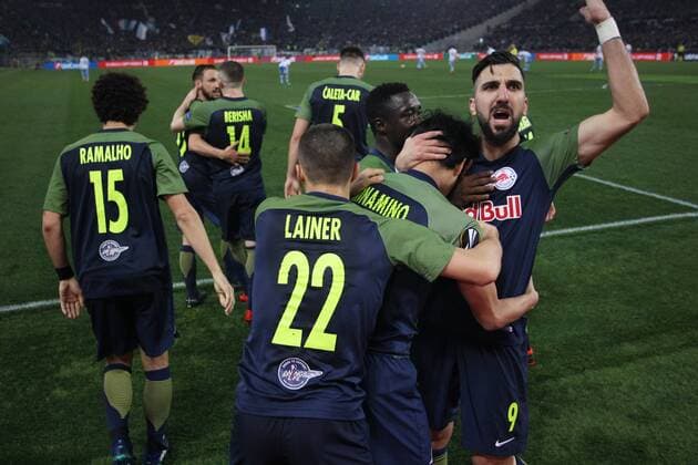 SOCCER - EL, Lazio vs RBS ROME,ITALY,05.APR.18 - SOCCER - UEFA Europa League, quarterfinal, SS Lazio vs Red Bull Salzburg. Image shows the rejoicing of RBS. GEPAxpictures xMathiasxMandl