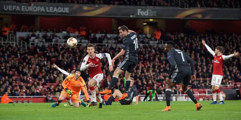 Alan Dzagoev of CSKA Moscow heads to score a goal which is ruled offside during the UEFA Europa League QF 1st leg match between Arsenal and CSKA Moscow at the Emirates Stadium, London, England on 5 April 2018. Copyright: xAndrewxAleksiejczukx PMI-1949-0066
