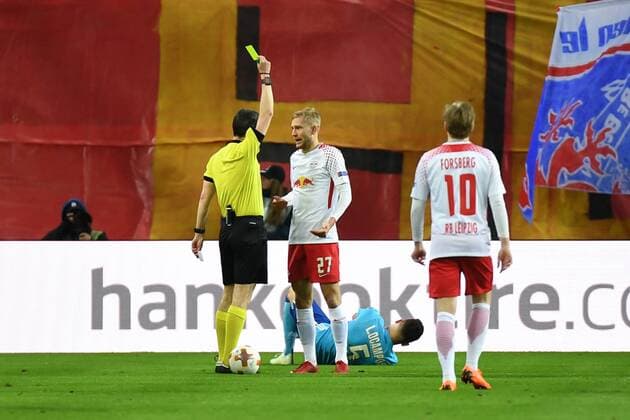 v left Alberto Undiano Mallenco Referee shows Konrad Laimer RB Leipzig 27 a yellow card yellow card yellow football UEFA Europa League RB Leipzig Olympique Marseille xslx