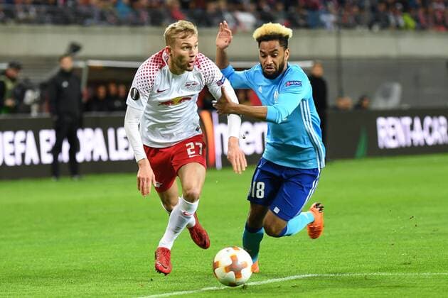 Konrad Laimer RB Leipzig 27 Jordan Amavi Olympique Marseille 18 in duel Duel tackle Dynamics Action Action Soccer UEFA Europa League RB Leipzig Olympique Marseille xslx