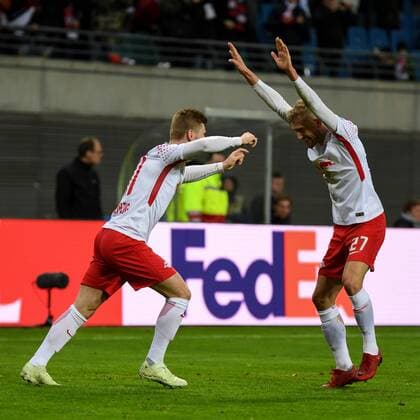 Timo Werner RB Leipzig 11 Konrad Laimer RB Leipzig 27 goalscoring Cheers Torjubel Goalkeeping celebrate the goal goal celebration Cheer over the Goal to 1 0 by Timo Werner RB Leipzig 11 Optimistic Action Action Soccer UEFA Europa League RB Leipzig Olympique Marseille xslx
