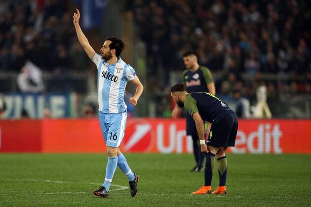 5th April 2018, Stadio Olimpico, Rome, Italy; UEFA Europa League football, quarter final, 1st leg, Lazio versus FC Salzburg; Marco Parolo of Lazio celebrates after scoring his goal in the 49th minute for 2-1  ActionPlus12009030