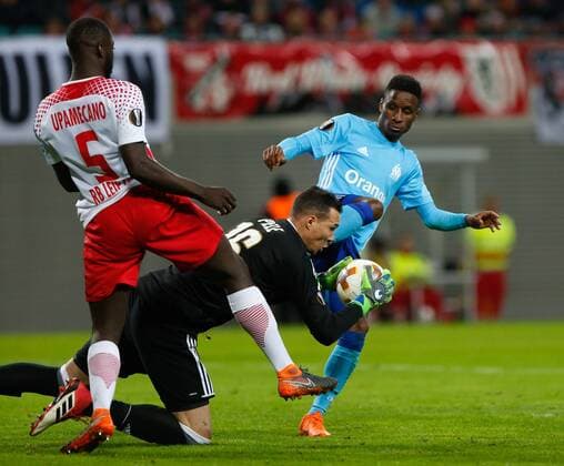 05 04 2018 xtgx Football UEFA Europa League RB Leipzig Olympique Marseille emporer l Dayot Upamecano Leipzig 5 Yohann Pele Olympique Marseille 16 Bouna Sarr Olympique Marseille 17 Leipzig