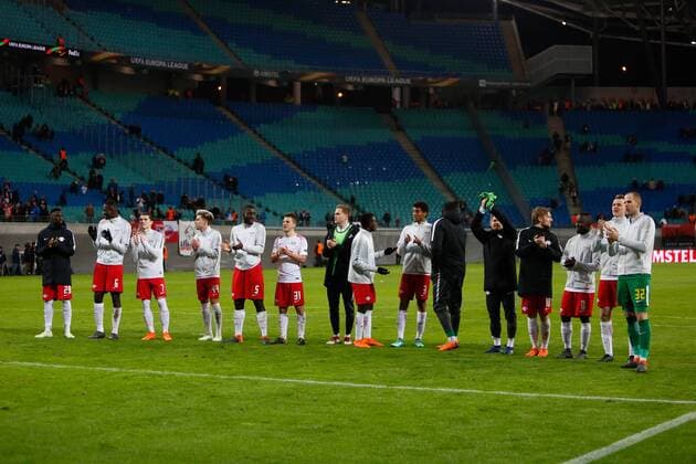 05 04 2018 xtgx Football UEFA Europa League RB Leipzig Olympique Marseille emspor v l Leipzig Cheers for victory Jubilation after the end of the game Leipzig