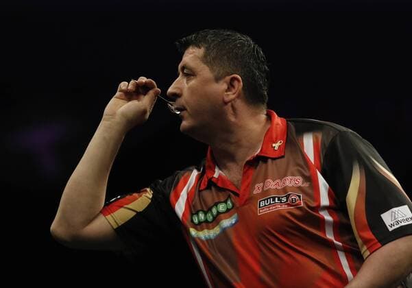 5th April 2018, Echo Arena, Liverpool, England; Unibet Premier League Darts; Mensur Suljovic (AUT) at the oche during his 4-7 defeat by Michael van Gerwen (NLD)  ActionPlus12009049
