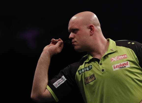 5th April 2018, Echo Arena, Liverpool, England; Unibet Premier League Darts; Michael van Gerwen (NLD) at the oche during his 7-4 win over Mensur Suljovic (AUT)  ActionPlus12009050