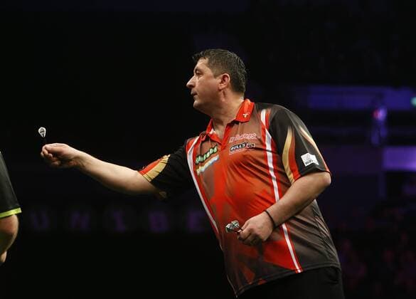 5th April 2018, Echo Arena, Liverpool, England; Unibet Premier League Darts; Mensur Suljovic (AUT) at the oche during his 4-7 defeat by Michael van Gerwen (NLD)  ActionPlus12009053