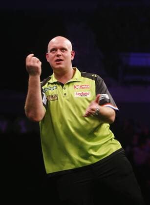 5th April 2018, Echo Arena, Liverpool, England; Unibet Premier League Darts; Michael van Gerwen (NLD) reacts during his 7-4 win over Mensur Suljovic (AUT)  ActionPlus12009054