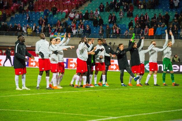 GER Europa League RB Leipzig vs Olympique Marseille 05 04 2018 Red Bull Arena Leipzig GER Europa League RB Leipzig vs Olympique Marseille in the picture Cheers of the players of RB Leipzig after the 1 0 victory against Olympique Marseille nordphotoxDostmann nph00325
