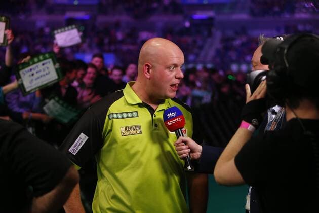 5th April 2018, Echo Arena, Liverpool, England; Unibet Premier League Darts; Michael van Gerwen (NLD) is interviewed by Sky after his 7-4 win over Mensur Suljovic (AUT)  ActionPlus12009057