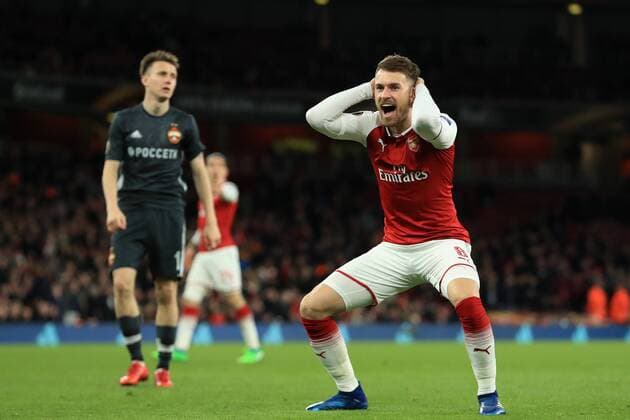 5th April 2018, Emirates Stadium, London, England; UEFA Europa League football, quarter final, 1st leg, Aaron Ramsey of Arsenal reacts as he comes close to scoring a third  ActionPlus12009059