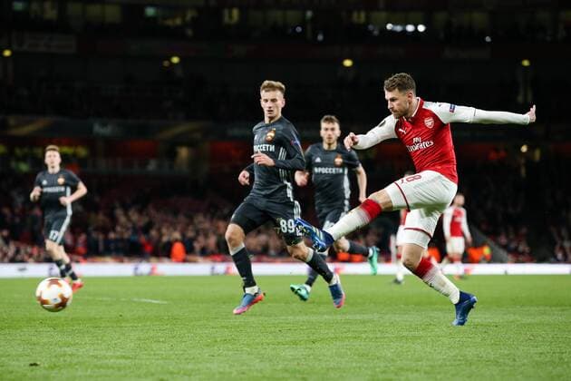 Aaron Ramsey of Arsenal during the UEFA Europa League Quarter-Final 1st leg match at the Emirates Stadium, London. Picture date 5th April 2018. Picture credit should read: Charlie Forgham-Bailey Sportimage EDITORIAL USE ONLY. No use with unauthorised audio, video, data, fixture lists, club league logos or live services. Online in-match use limited to 120 images, no video emulation. No use in betting, games or single club league player publications.