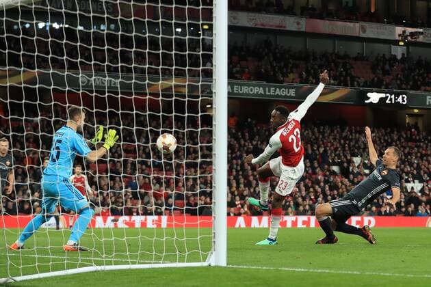 5th April 2018, Emirates Stadium, London, England; UEFA Europa League football, quarter final, 1st leg, Danny Welbeck of Arsenal shot is saved by goalkeeper Igor Akinfeev of CSK Moscow  ActionPlus12009070