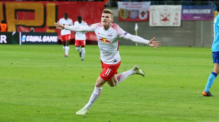 RB Leipzig Marseille Soccer Euro League Leipzig 05 04 2018 Red Bull Arena Soccer UEFA Euro League Quarter Finals First leg RB Leipzig vs Olympique Marseille 1 0 1 0 Pictured goal for RB Leipzig Timo Werner 11 RB Leipzig scores the 0-1 goal and cheers