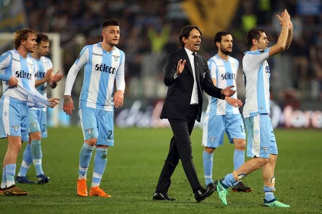 5th April 2018, Stadio Olimpico, Rome, Italy; UEFA Europa League football, quarter final, 1st leg, Lazio versus FC Salzburg; coach Simone Inzaghi of Lazio celebrates with his players after defeating Salzburg 4-2  ActionPlus12009075