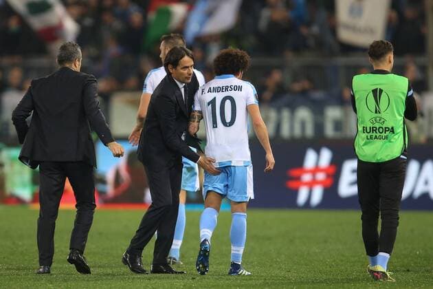 5th April 2018, Stadio Olimpico, Rome, Italy; UEFA Europa League football, quarter final, 1st leg, Lazio versus FC Salzburg; coach Simone Inzaghi (L) of Lazio celebrates with his player Felipe Anderson (10) after defeating Salzburg 4-2  ActionPlus12009077