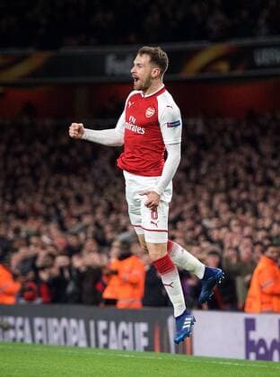 Aaron Ramsey of Arsenal celebrates scoring his second goal during the UEFA Europa League QF 1st leg match between Arsenal and CSKA Moscow at the Emirates Stadium, London, England on 5 April 2018. Copyright: xAndrewxAleksiejczukx PMI-1949-0077