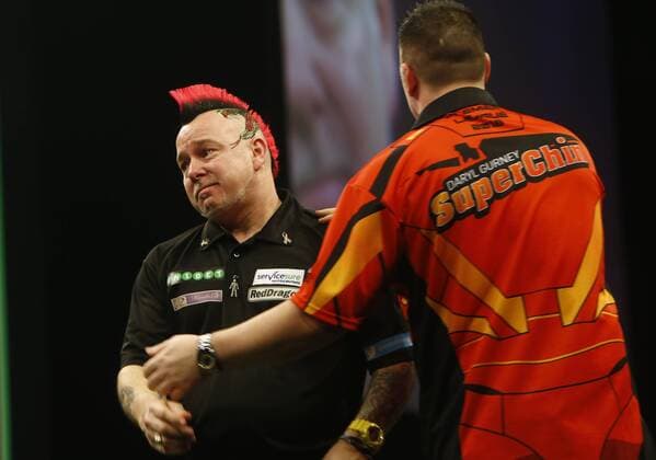 5th April 2018, Echo Arena, Liverpool, England; Unibet Premier League Darts; A tearful Peter Wright (SCO) at the end of his match against Daryl Gurney (NI) after it was announced that darts legend Eric Bristow had died at the Arena this evening  ActionPlus12009101