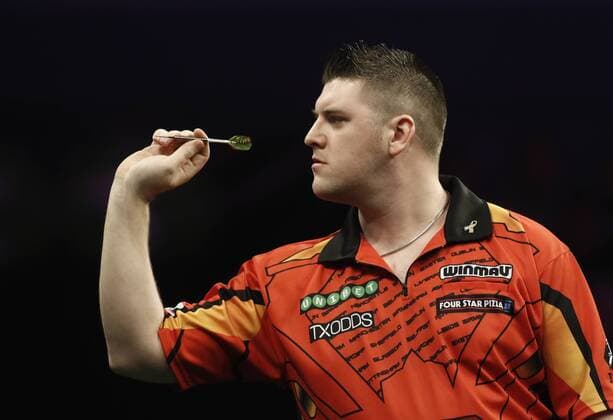 5th April 2018, Echo Arena, Liverpool, England; Unibet Premier League Darts; Daryl Gurney (NI) at the oche during his match against Peter Wright (SCO)  ActionPlus12009103