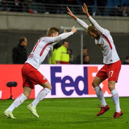 Timo Werner RB Leipzig 11 Konrad Laimer RB Leipzig 27 goalscoring Cheers Torjubel Goalkeeping celebrate the goal goal celebration Cheer over the Goal to 1 0 by Timo Werner RB Leipzig 11 Optimistic Action Action Soccer UEFA Europa League RB Leipzig Olympique Marseille xslx