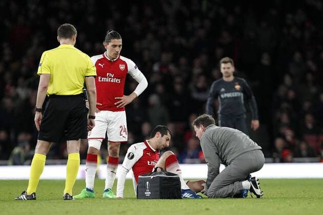 Henrikh Mkhitaryan of Arsenal is prone on the pitch during the UEFA Europa League Quarter-Final match between Arsenal and CSKA Moscow at the Emirates Stadium, London, England on 5 April 2018. Copyright: xCarltonxMyriex 19500040