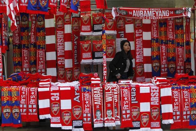 Match day scarves on sale during the UEFA Europa League Quarter-Final match between Arsenal and CSKA Moscow at the Emirates Stadium, London, England on 5 April 2018. Copyright: xCarltonxMyriex 19500066