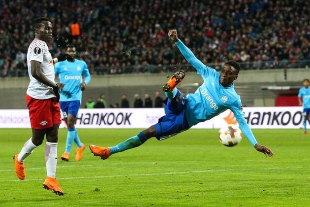 Bouna Sarr Olympique de Marseille against Armindo Tue Na Bangna Bruma RB Leipzig quarter-final Europa League season 2017 2018 RasenBallsport Leipzig vs Olympique de Marseille at the RB Arena in Leipzig action Germany football man men 05 04 2018