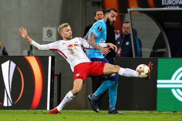 Konrad Laimer RB Leipzig vs Kostas Mitroglou Olympique de Marseille quarter-finals Europa League season 2017 2018 RasenBallsport Leipzig vs Olympique de Marseille at the RB Arena in Leipzig action Germany football man men 05 04 2018